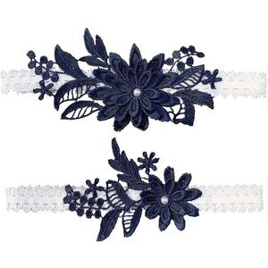 Elegant Navy Blue and White Lace Garter Set